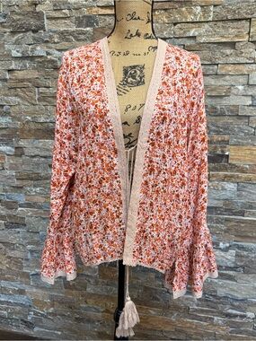 Anthropologie Nalini Boho Kimono Floral Blouse Bell Sleeve Lace Trim OS NWT